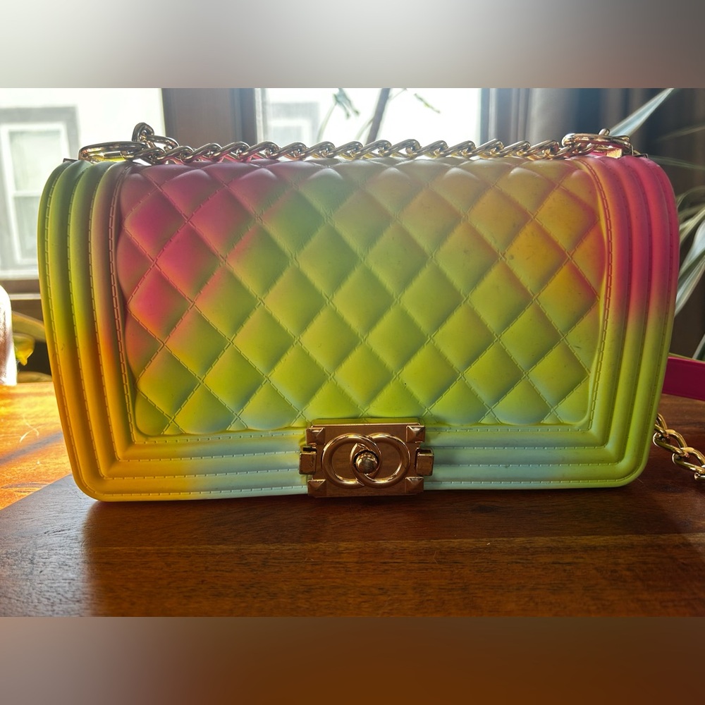 Rainbow Multicolor Vinyl Quilted Gold Chain Crossbody Bag